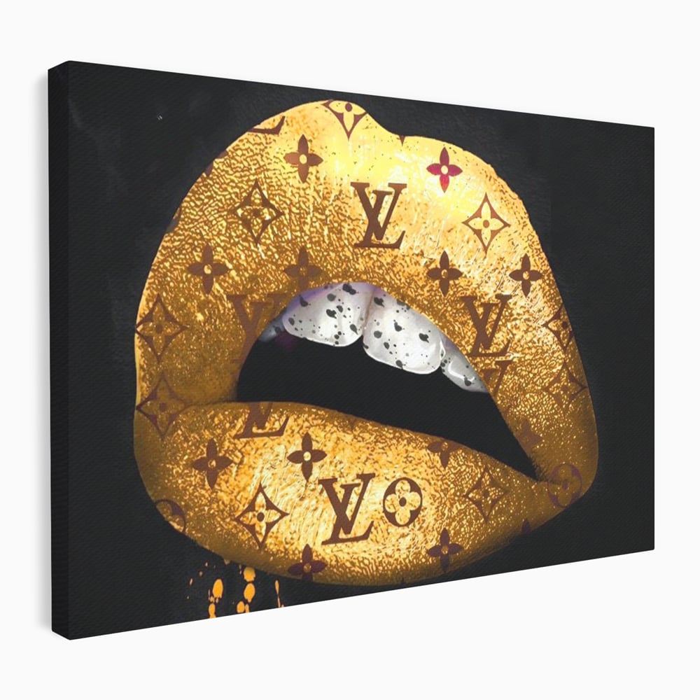 Tablou canvas cu tablou canvas cu buze aurii si model louis vuitton, fara rama, pe sasiu de lemn